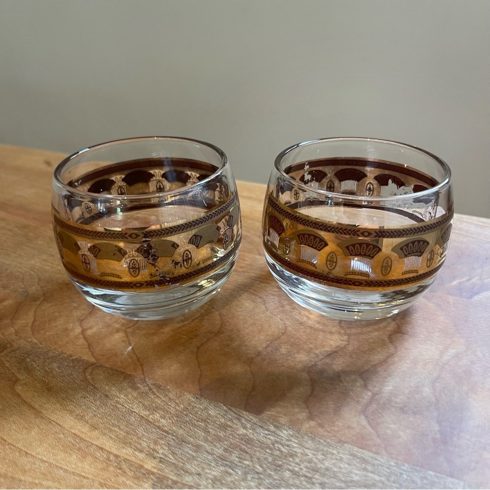 Two Vintage Culver Gold Wheat Roly Poly Glasses Set MCM Cocktail Bar Retro